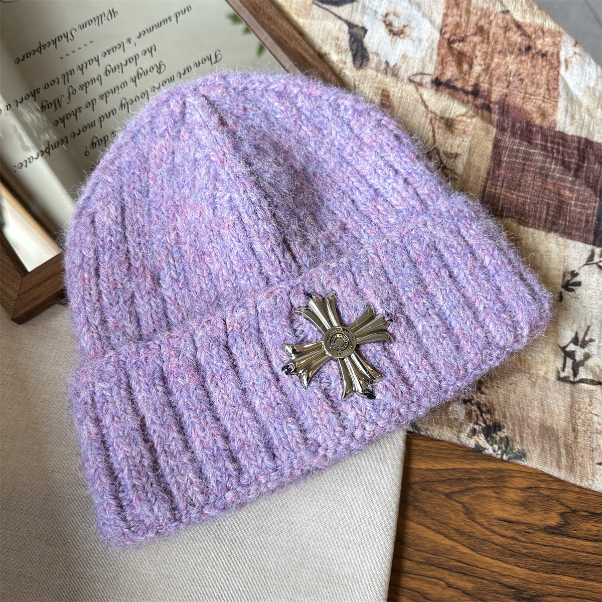 Metal Cross Knit Cuffed Beanie Vintage Winter Skull Cap Multi‑Color