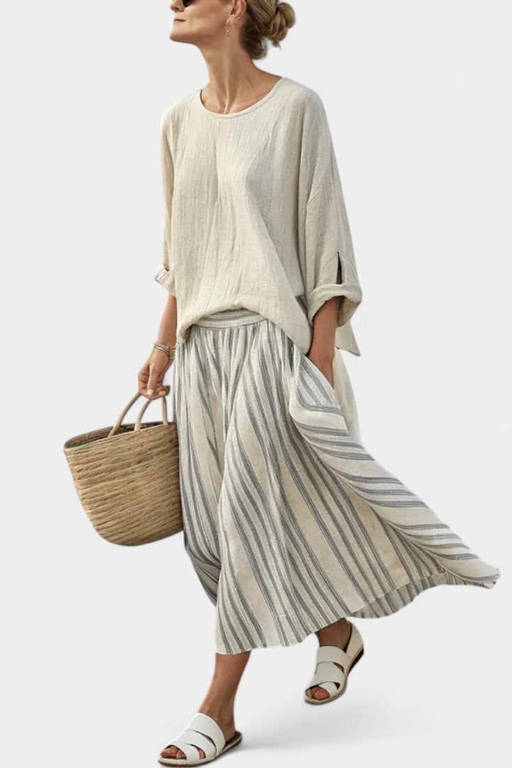 Women European Boho Striped Plus Size Loose Kaftan Beach Vacation Set