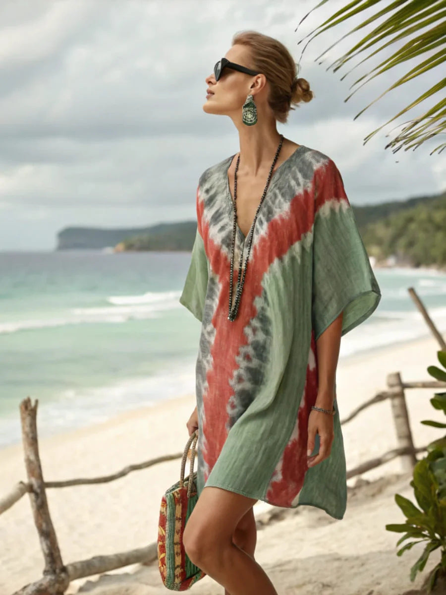 Women Boho Vertical Striped V Neck Loose Short Kaftan Beach Dress