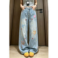 Light Wash Star Patch Wide Leg Denim Jeans Loose Floor Length Pants
