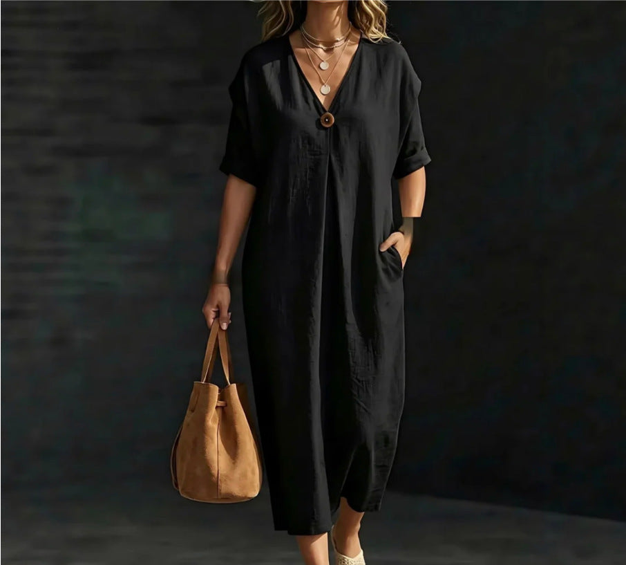 Women Boho Floral Border Print V Neck Loose Kaftan Maxi Beach Dress