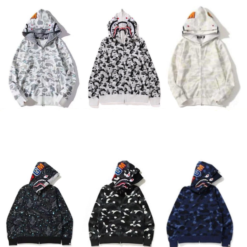 BAPE Double Hood Shark Tiger Camo Embroidered Zip Hoodie