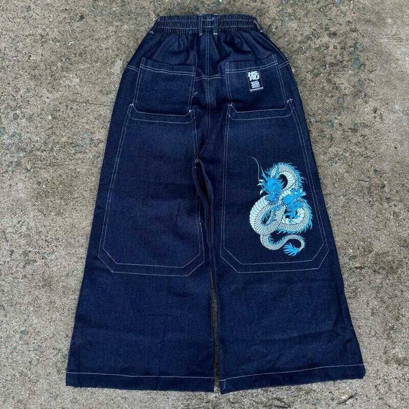 JNCO Style Y2K Baggy Jeans Drachen- & Poker-Stickerei Streetwear Denim-Hose