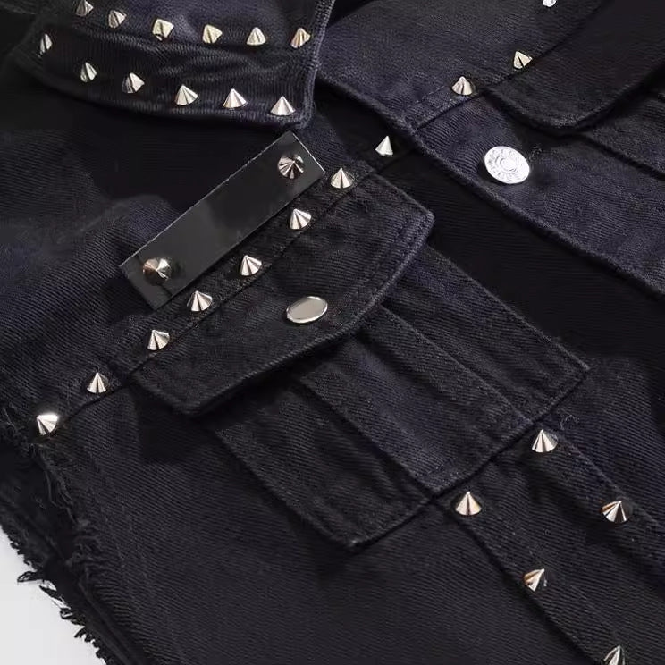 Rivet Biker Distressed Raw Edge Denim Vest Unisex Sleeveless Waistcoat