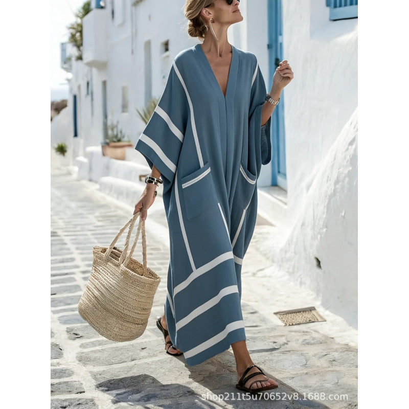 Women Boho Border Print V Neck Loose Kaftan Maxi Beach Dress