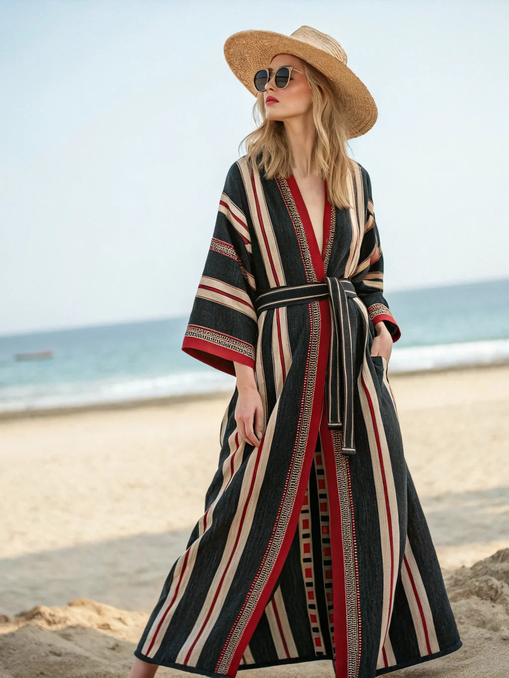 Boho Striped Belted Kaftan Maxi Beach Cover Up
