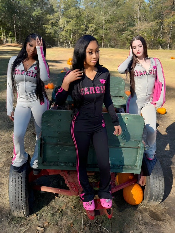StarGirl Print Zip Up Hooded Crop Top Flare Pants 2 Piece Tracksuit Women