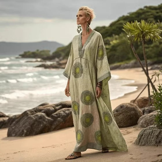 Women Boho Diagonal Striped Off Shoulder Loose Kaftan Maxi Beach Dress