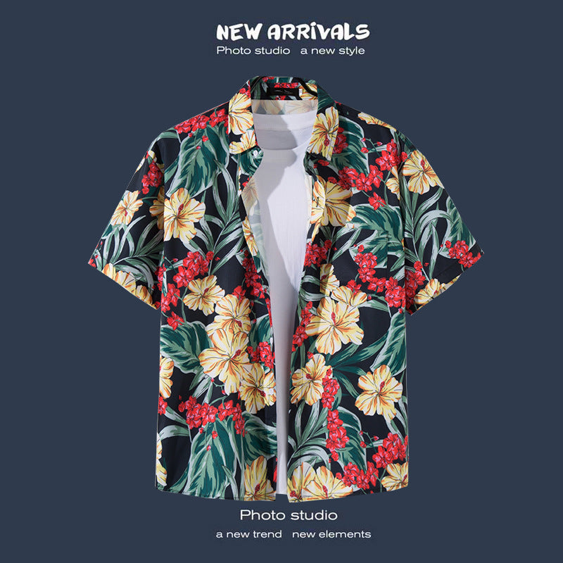 Mens Vintage Tropical Hawaiian Floral Loose Short Sleeve Beach Shirt