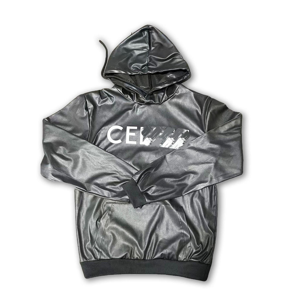 Letter Print PU Leather Cropped Hoodie Women