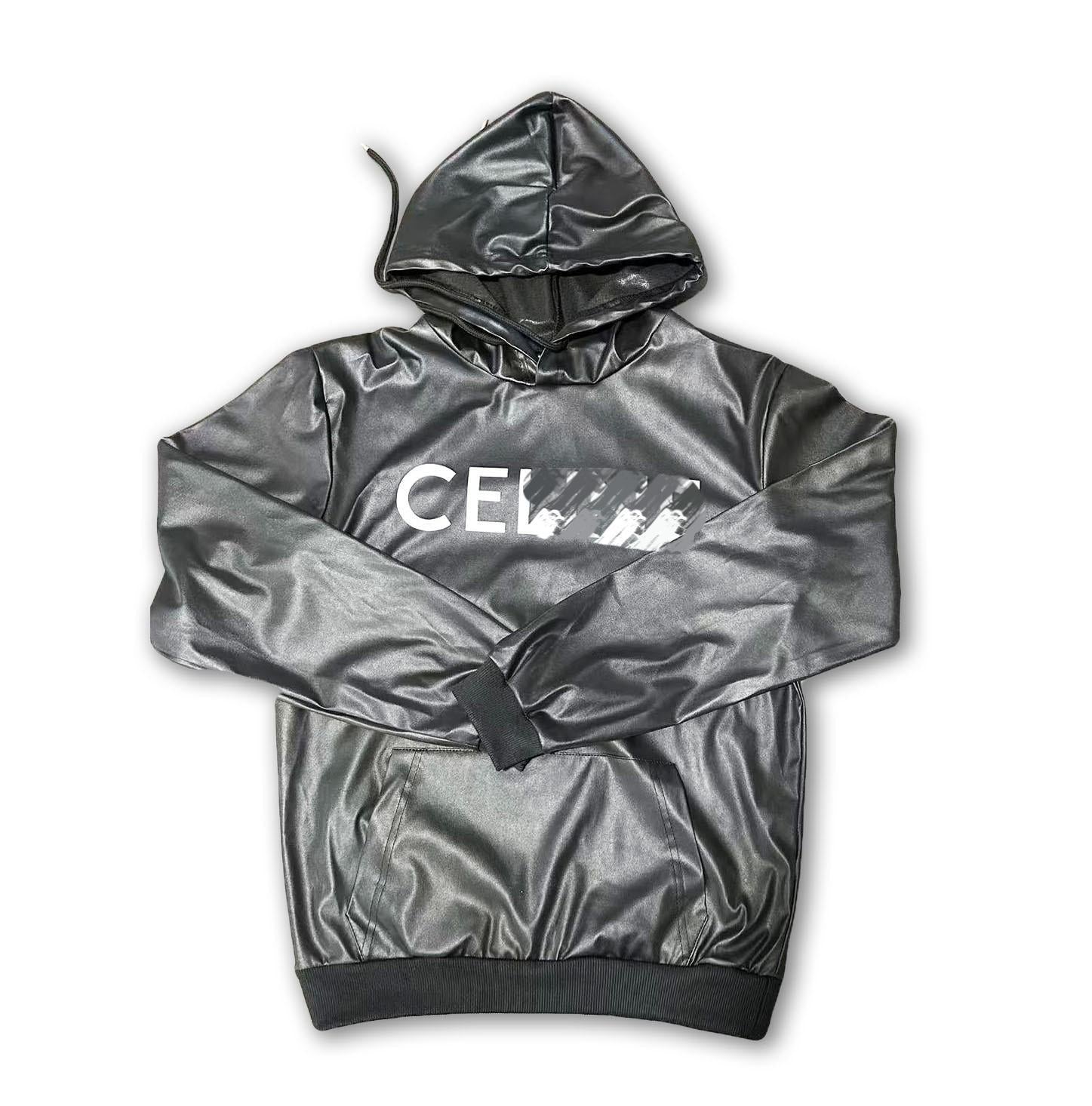 Letter Print PU Leather Cropped Hoodie Women