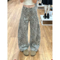 Vintage Leopard Print Wide Leg Denim Jeans Loose Floor Curved Pants