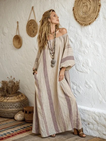 Women Boho Diagonal Striped Off Shoulder Loose Kaftan Maxi Beach Dress