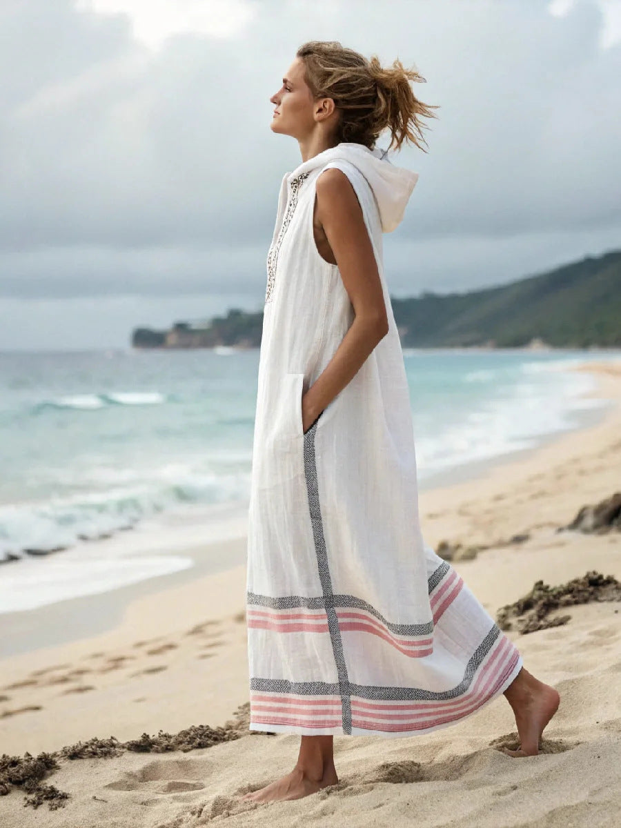 Women Boho Striped Hooded Sleeveless Slit Pocket Kaftan Maxi Beach Dress