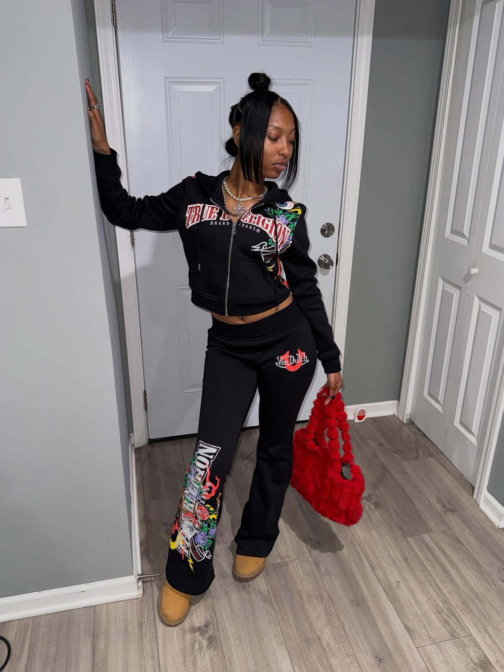 True Religion Graphic Zip Crop Hoodie Flare Pants 2 Piece Set