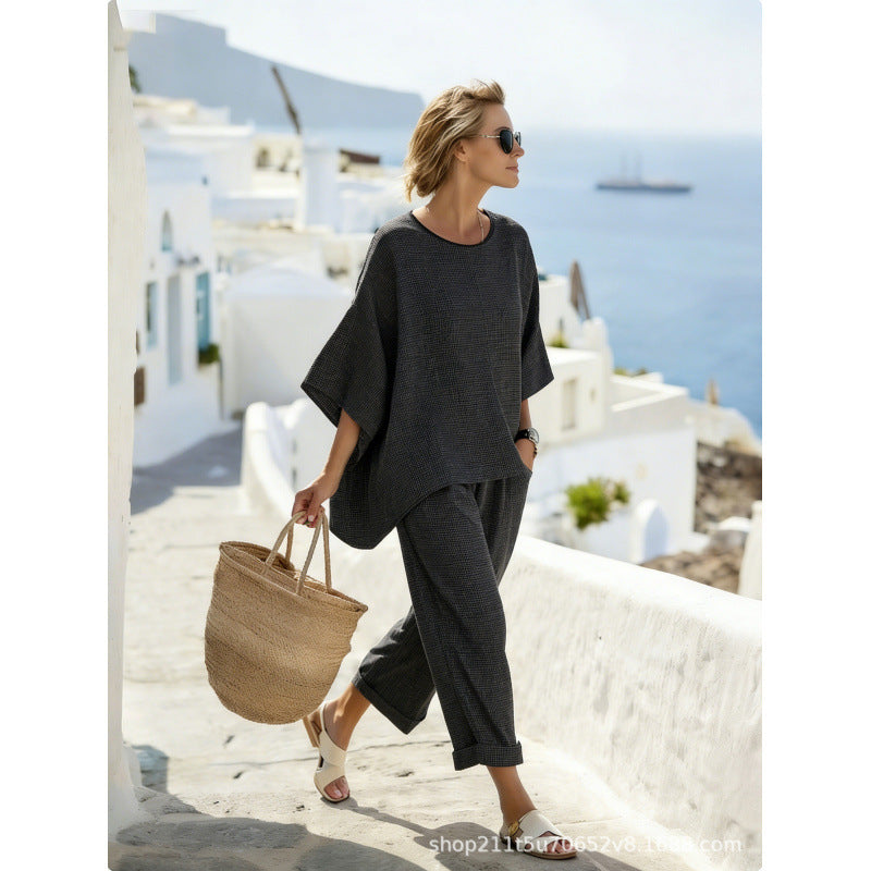 Women Boho Gradient Print Round Neck Batwing Loose Beach Two Piece Set