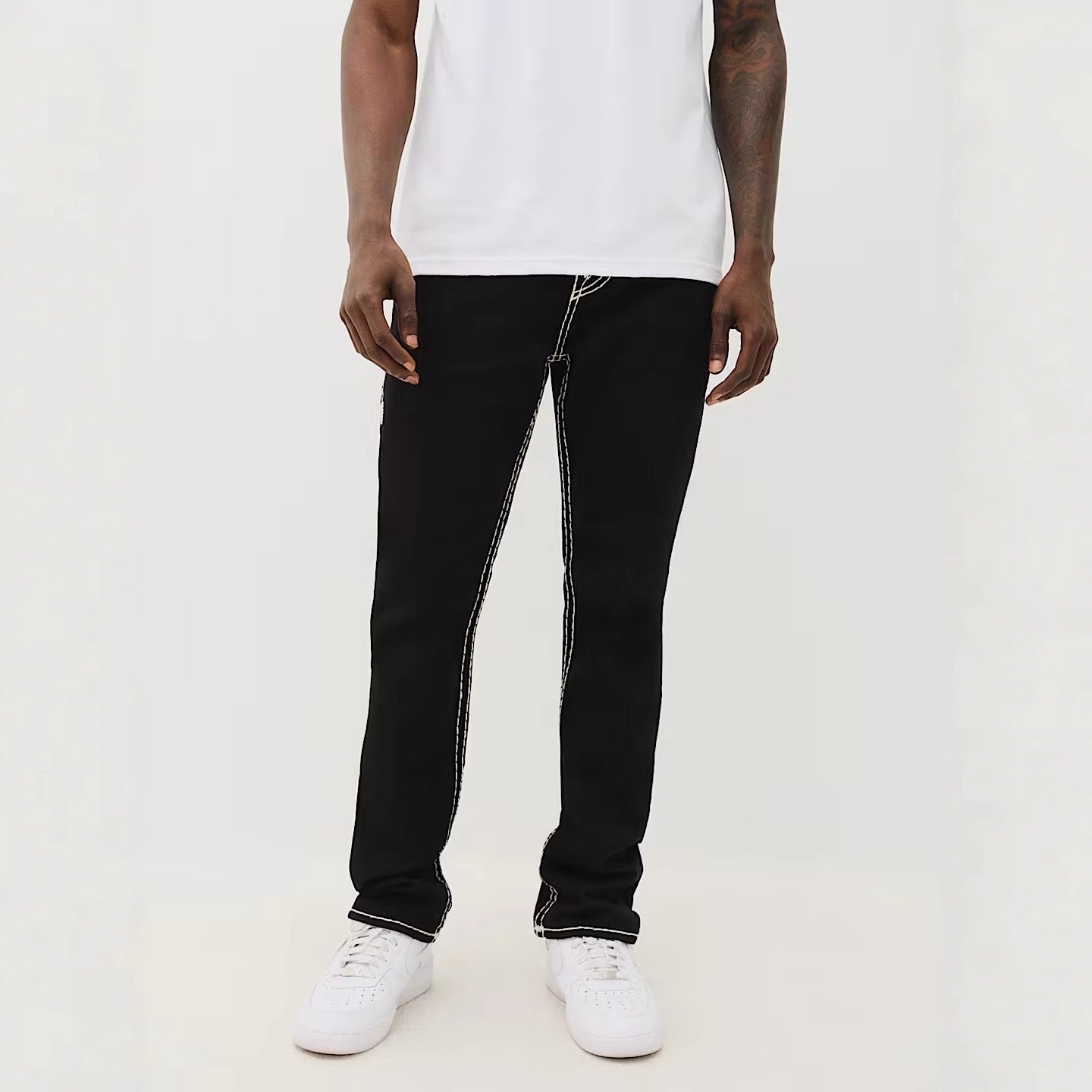True Religion White Contrast Stitch Horseshoe Straight Jeans Men Y2K