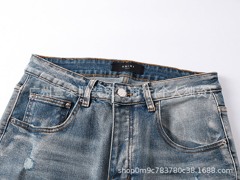 Amiri Blue Letter Embroidery Distressed Stretch Slim Fit Denim Jeans