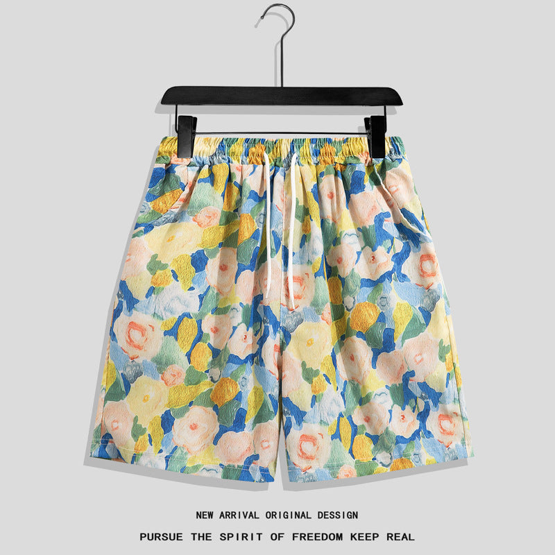 Ice Silk Quick Dry Couple Floral Loose Beach Shirt Shorts Set T3601-T3630