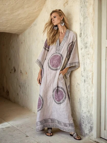 Women Boho Diagonal Striped Off Shoulder Loose Kaftan Maxi Beach Dress