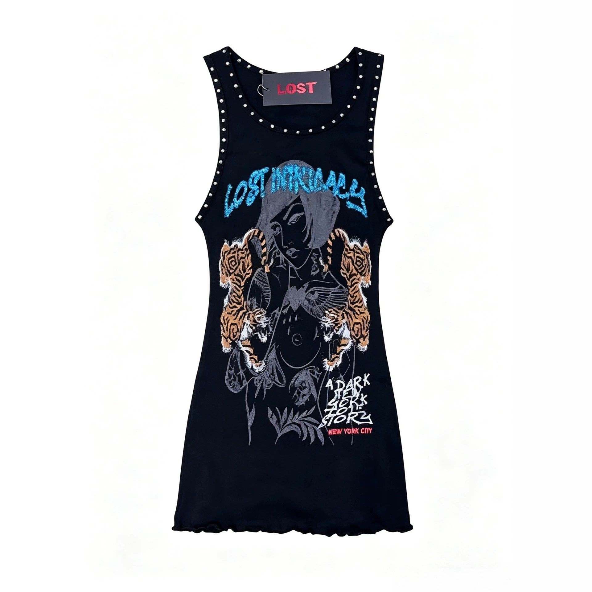 Lost Intricacy Graphic Rivet Sleeveless Tank Bodycon Mini Dress Women