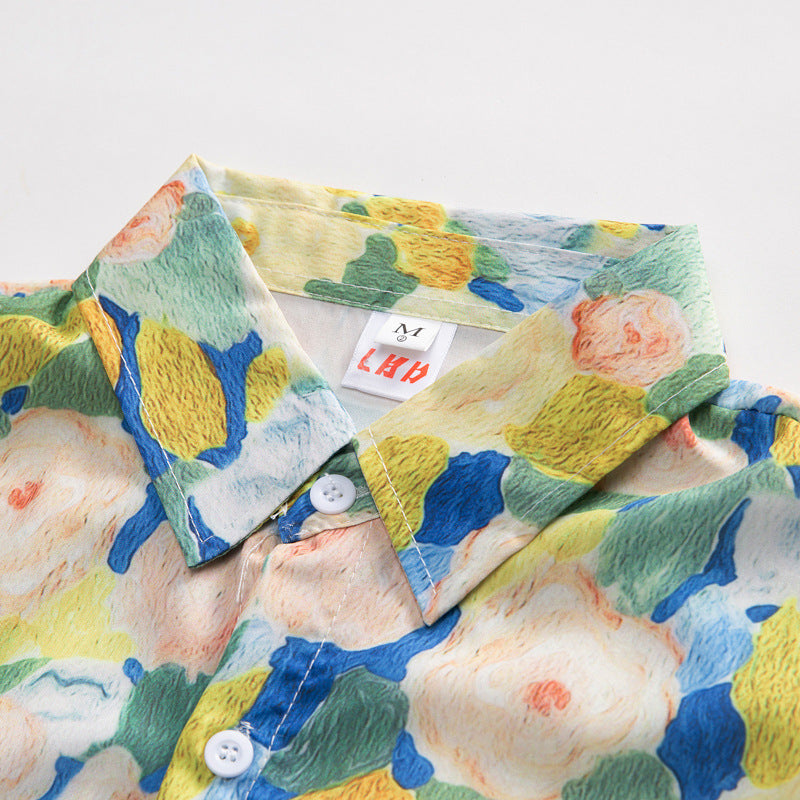 Ice Silk Quick Dry Couple Floral Loose Beach Shirt Shorts Set T3601-T3630