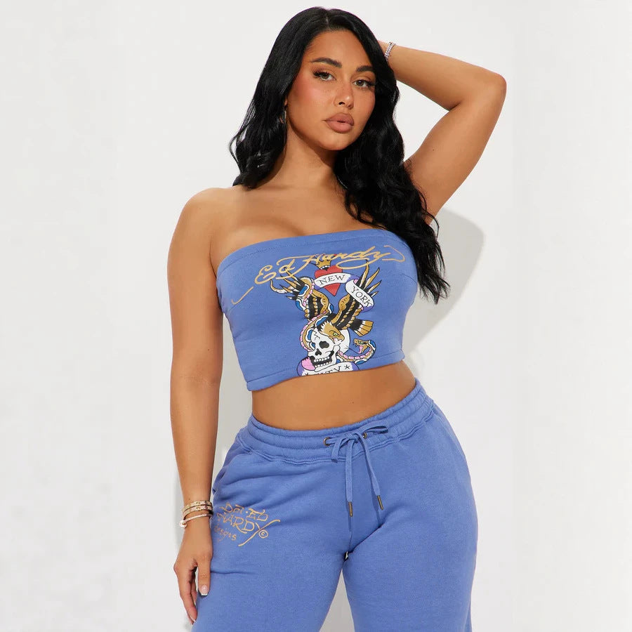 Skull Graphic Print Strapless Tube Top Wide Leg Pants 2 Piece Set Women
