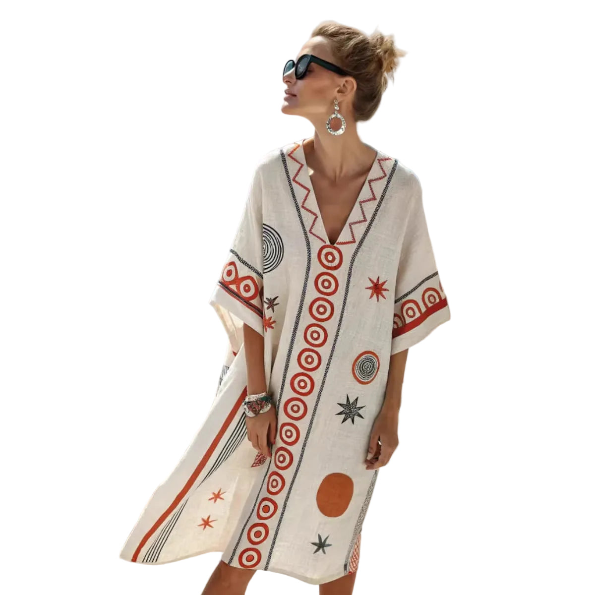 Women Boho Geometric Print V Neck Loose Kaftan Maxi Beach Dress