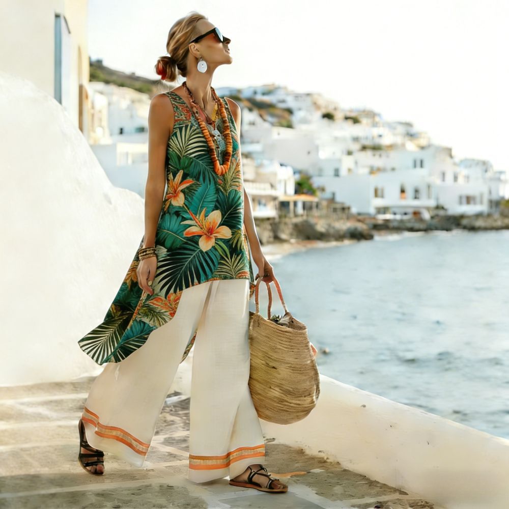Women Boho Striped Trim Sleeveless Loose Beach Two Piece Set