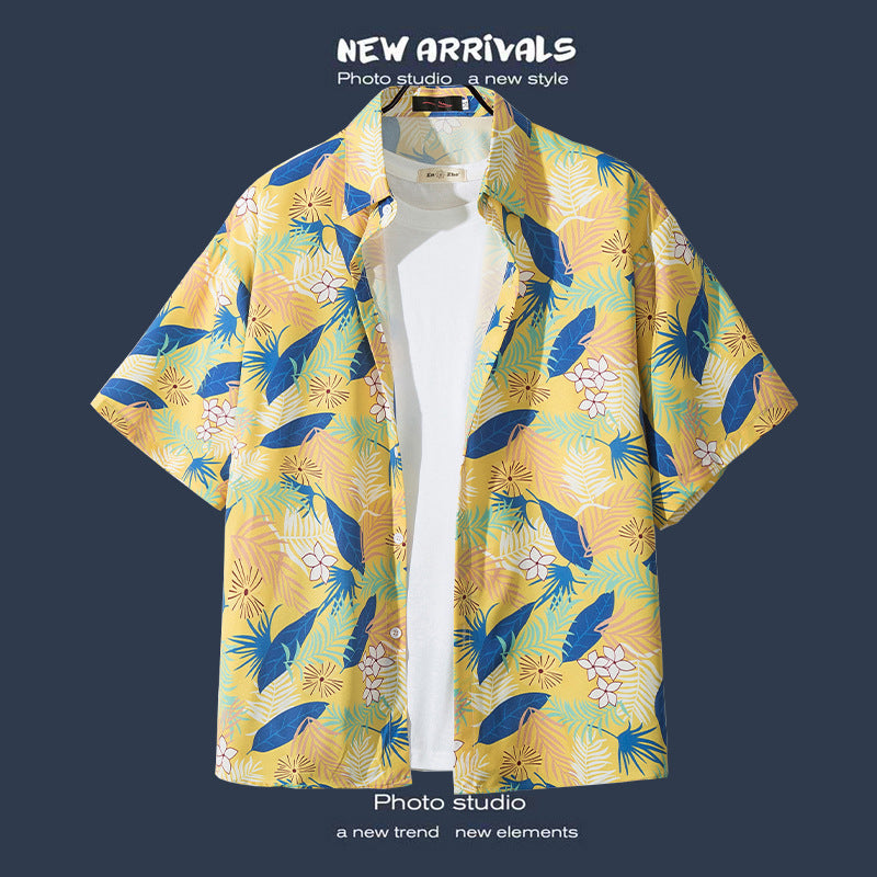 Mens Vintage Tropical Hawaiian Floral Loose Short Sleeve Beach Shirt