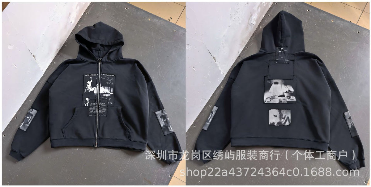 ERD Distressed Photo Letter Print Hoodie Vintage Cotton Pullover