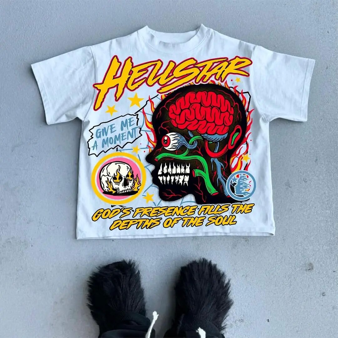 Hellstar Style Vintage Hip Hop Grafik Oversized Streetwear Baumwoll-T-Shirt