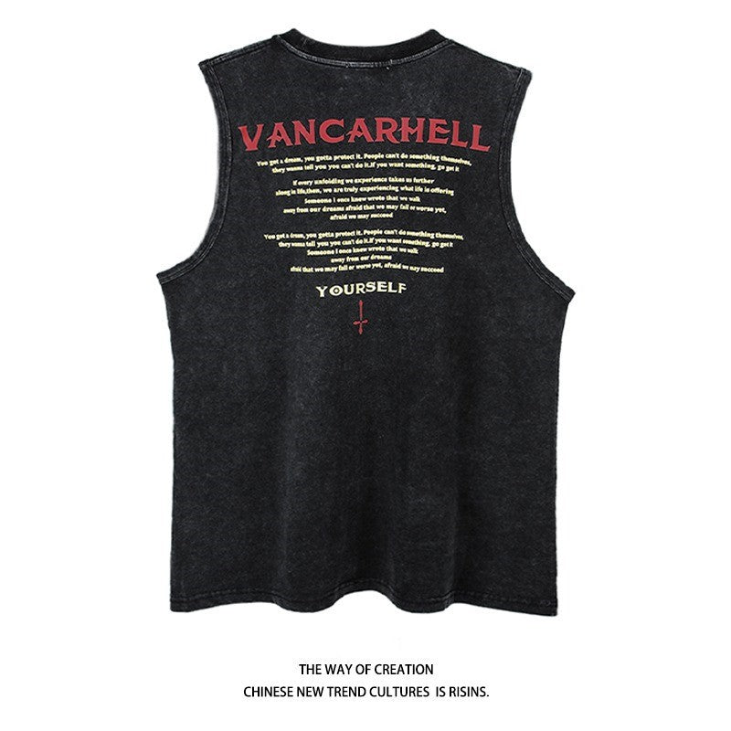 Vintage Washed Graphic Tank Top Mens American Street Sleeveless Tee
