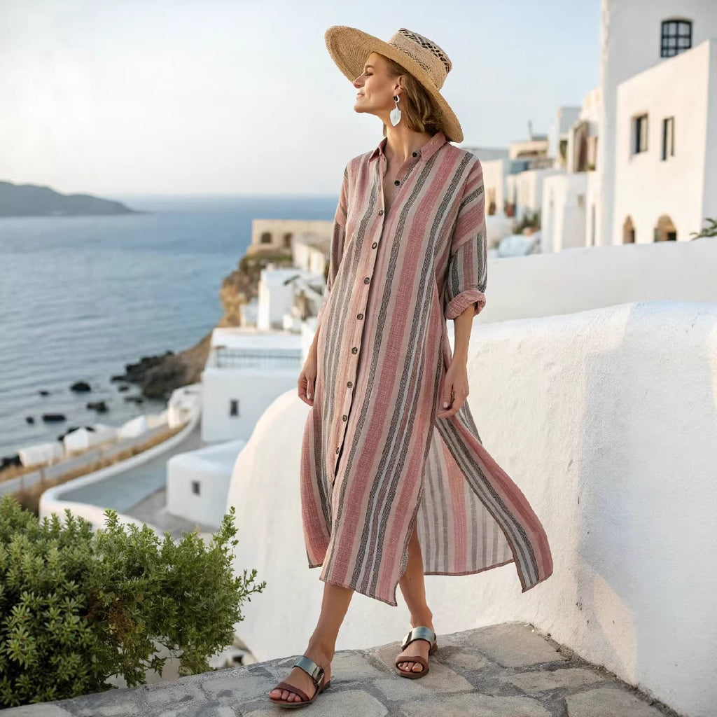 Women Boho Vertical Striped Collared Button Front Slit Loose Maxi Beach Dress