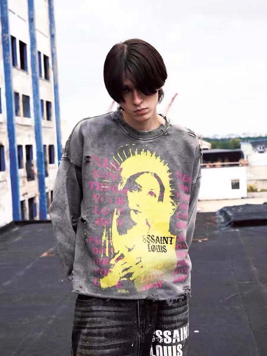 SSSAINT LOUIS Saint Graphic Distressed Washed Crewneck Sweatshirt