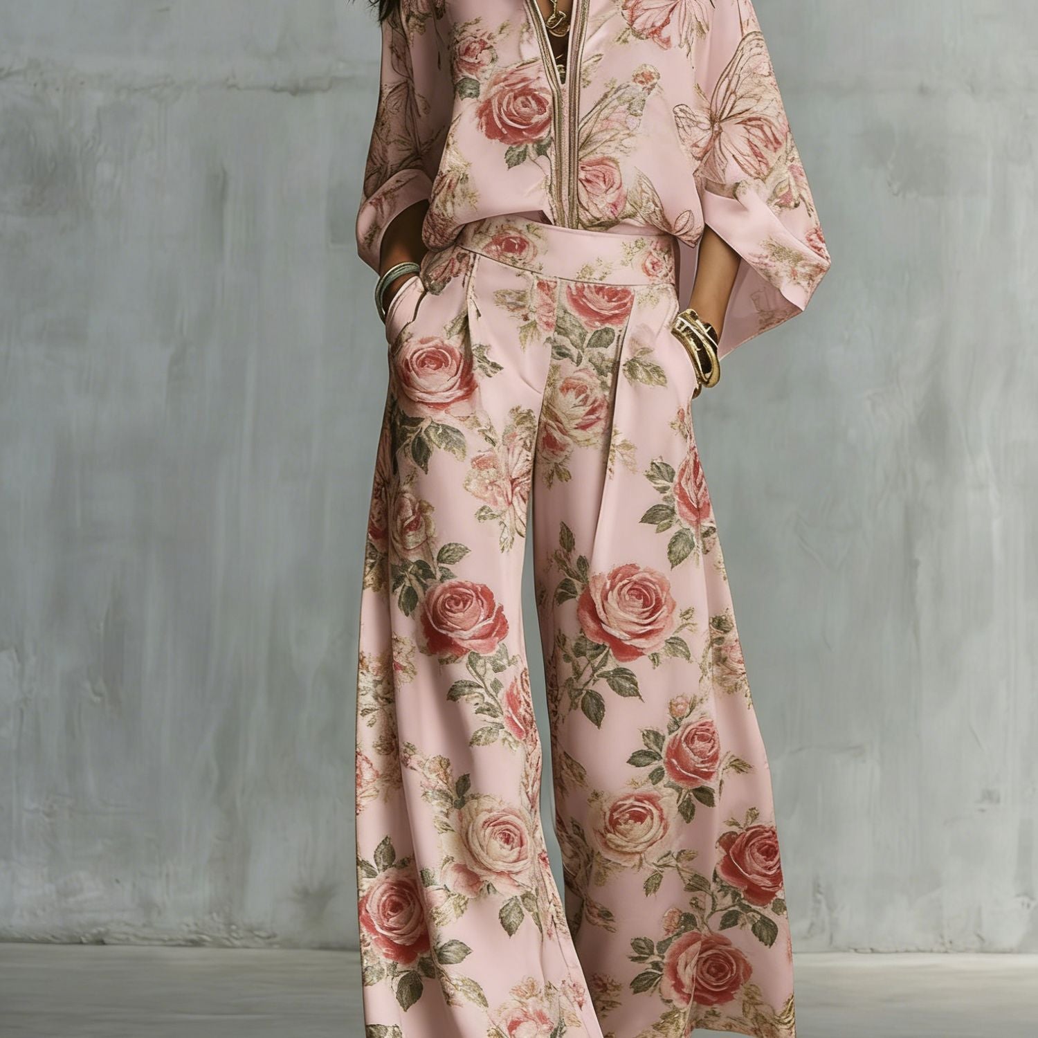 Boho Floral Wide Leg Beach Two Piece Pant Set