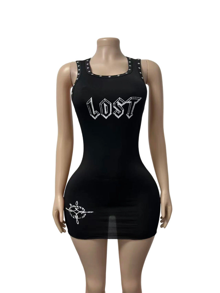 Lost Intricacy Rivet Letter Print Tank Bodycon Midi Dress Women