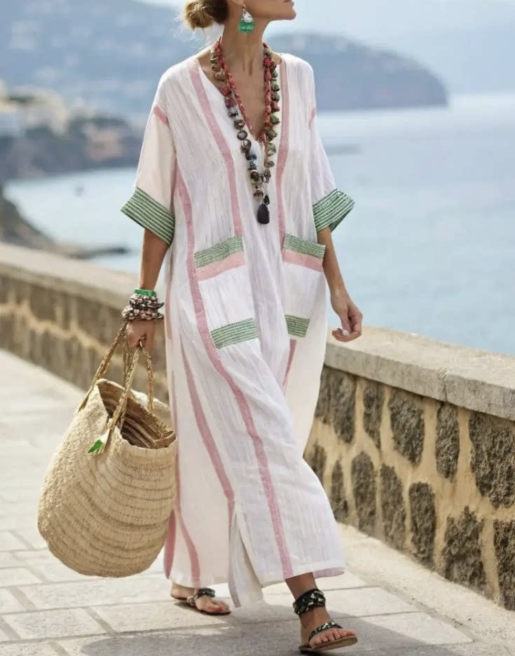 Women Boho Striped Embroidery V Neck Loose Kaftan Maxi Beach Dress