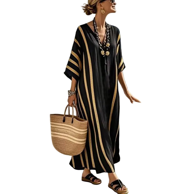 Women Boho Striped Embroidery V Neck Loose Kaftan Maxi Beach Dress