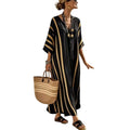 Women Boho Striped Embroidery V Neck Loose Kaftan Maxi Beach Dress