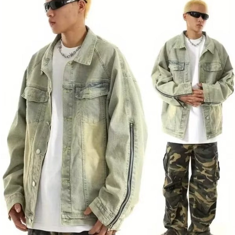 Y2K Vintage Washed Spliced Denim Zip‑Up Jacket Streetwear Unisex