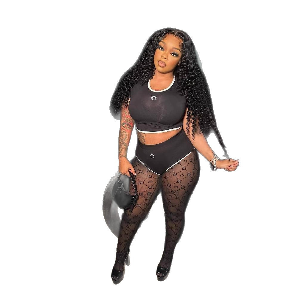 Marine Serre Moon Print Color Block Crop Top Shorts 2 Piece Set Women
