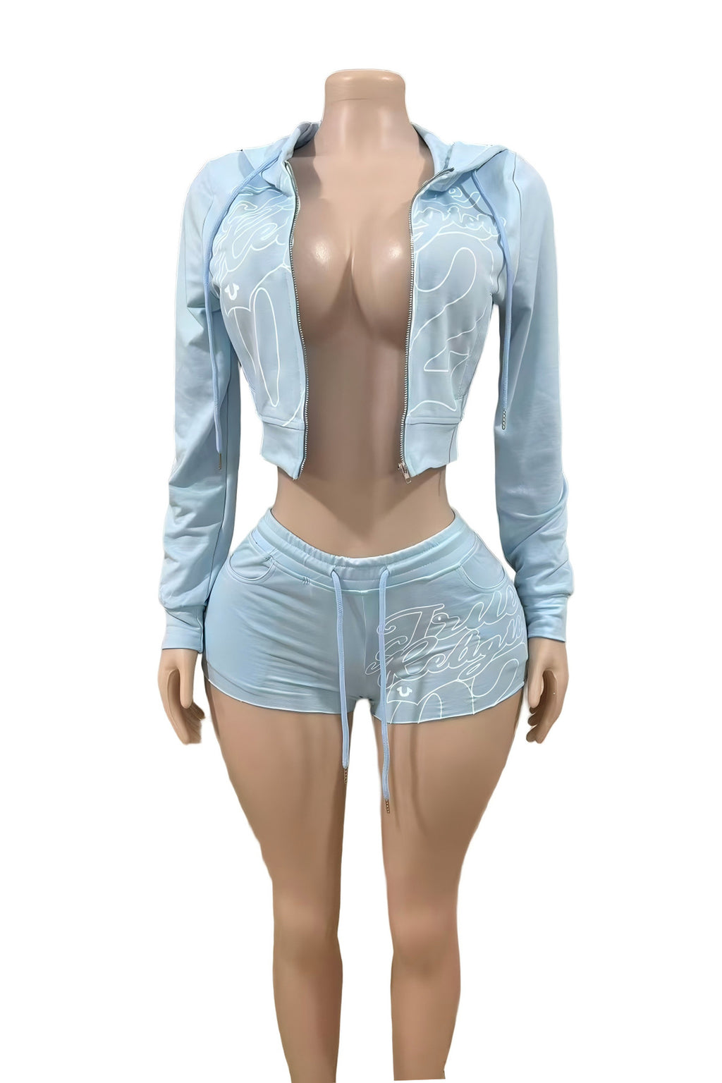 True Religion Graphic Zip Crop Hoodie Short Tracksuit Set
