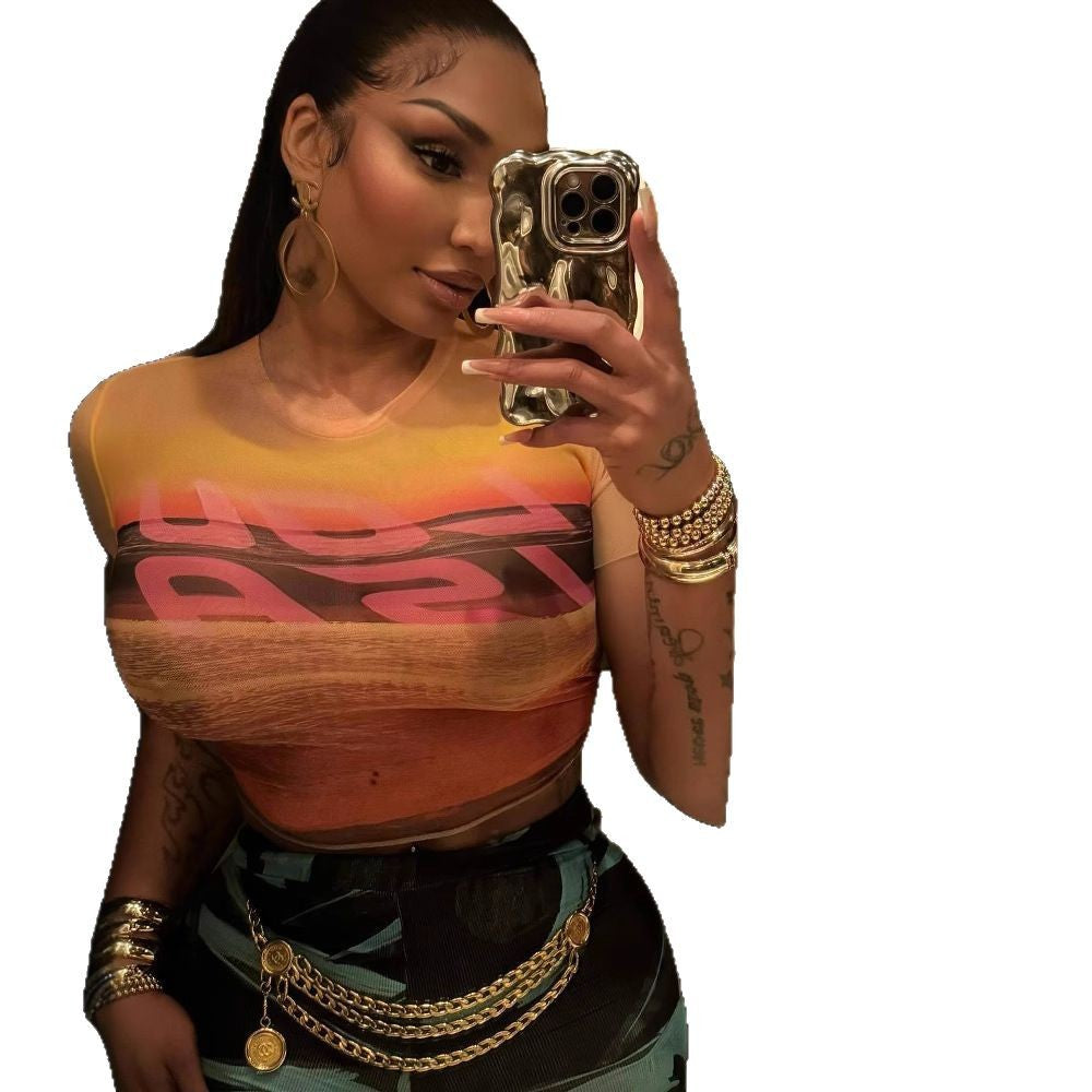 Gradient Graphic Print Crop Top Denim Shorts 2 Piece Set Women