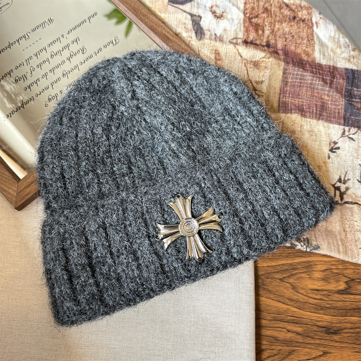 Metal Cross Knit Cuffed Beanie Vintage Winter Skull Cap Multi‑Color