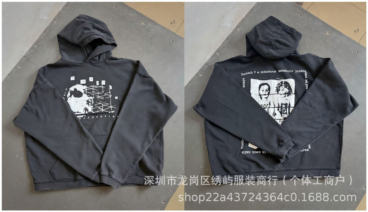 ERD Distressed Photo Letter Print Hoodie Vintage Cotton Pullover