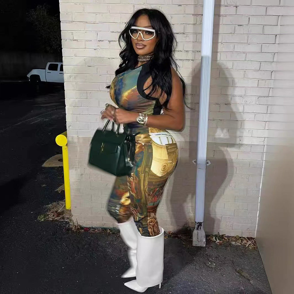 Vintage Oil Painting Print Sleeveless Crop Top Leggings 2 Piece Set