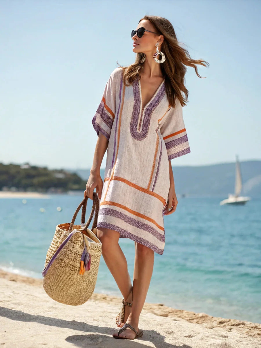 Women Boho Geometric Print V Neck Loose Kaftan Maxi Beach Dress