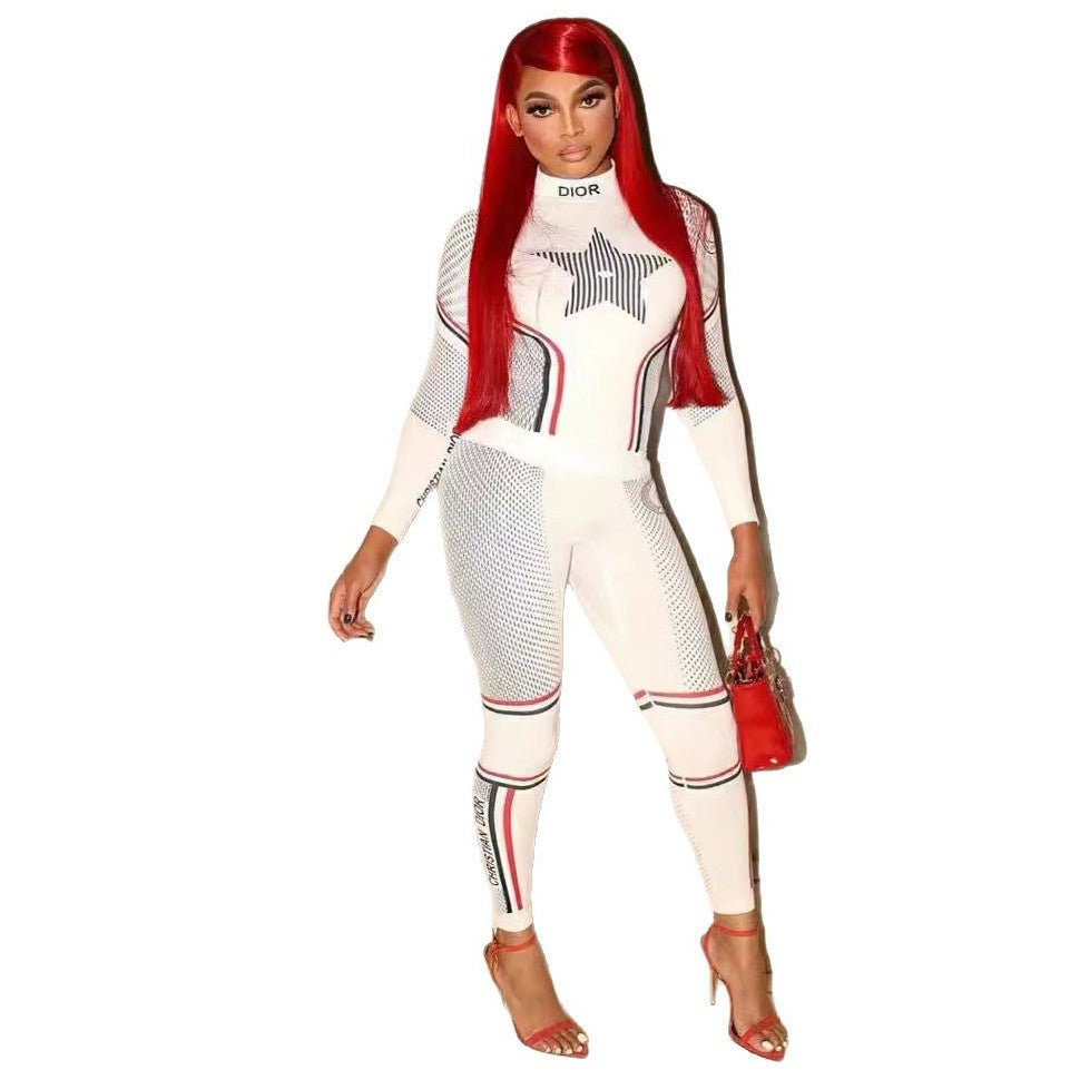 Star Print Color Block Long Sleeve Top Leggings 2 Piece Set Women
