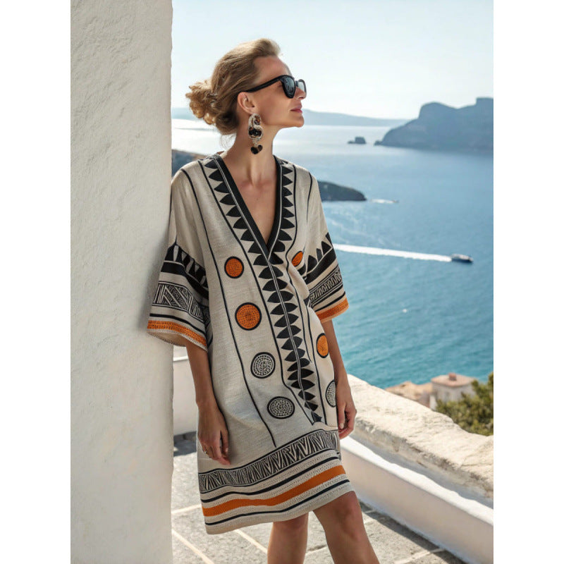 Women Boho Striped V Neck Loose Kaftan Midi Beach Dress